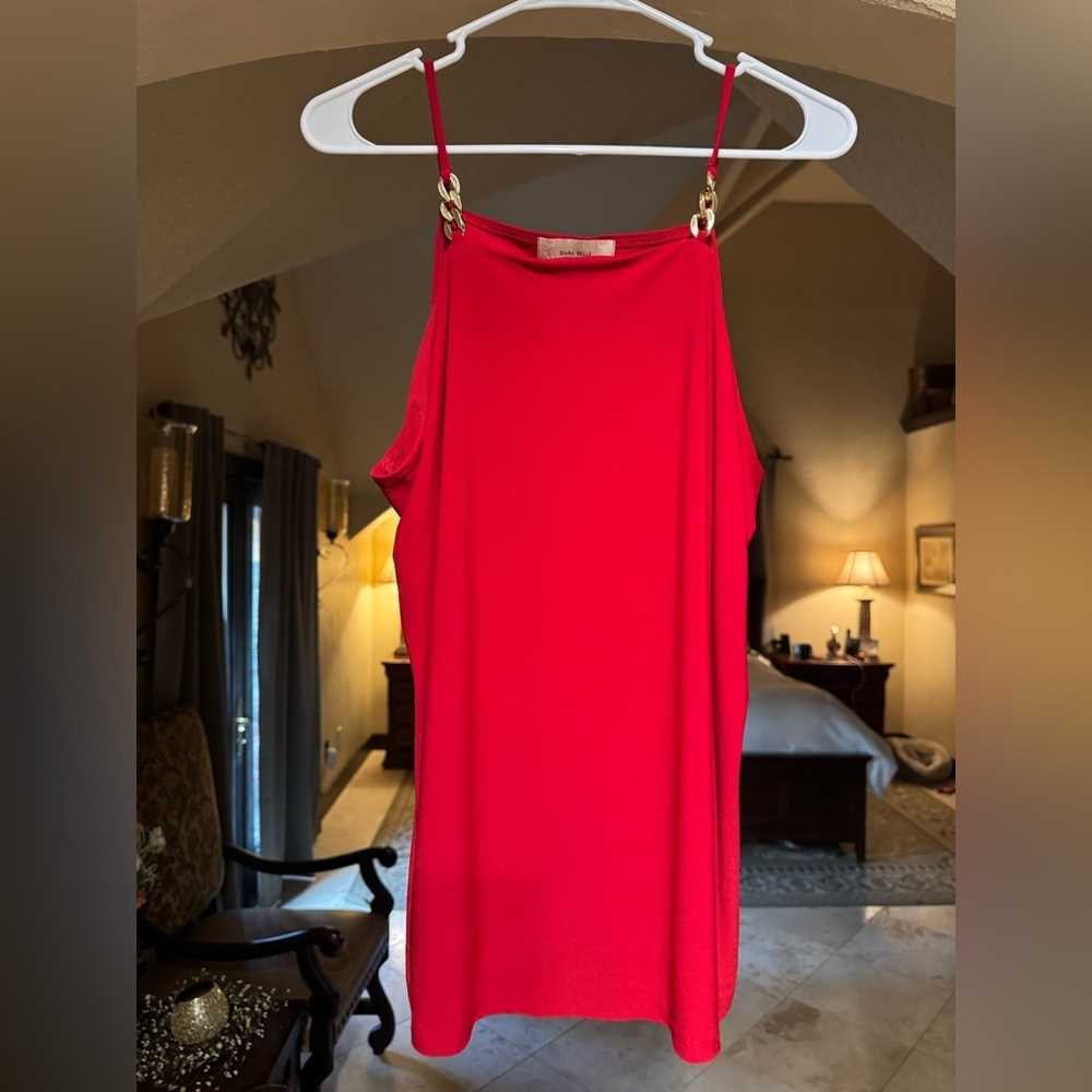 Diana Belle Red Sleeveless Tank Top with Gold Chain Accents on Straps